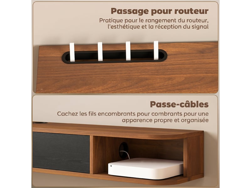  Meuble tv suspendu, meuble télé pour téléviseur jusqu'à 60 pouces, tiroir rabattable, 2 étagères, 140x24x16cm, noyer  - Conforama R