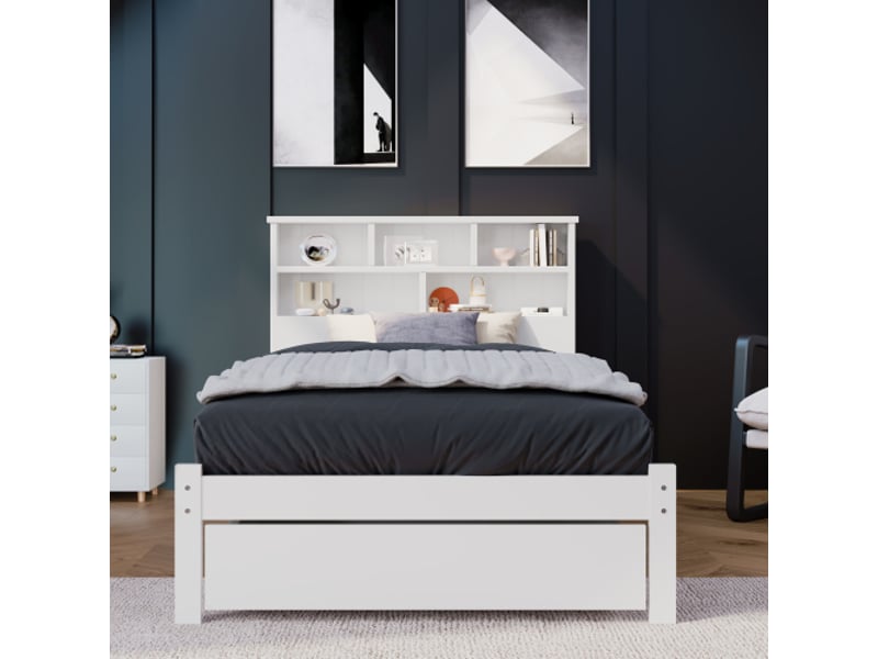 Lit enfant 90x200 cm, lit simple avec tiroirs, étagère et bibliothèque, pour ados et adultes, en bois massif, blanc, sans matelas - Conforama C