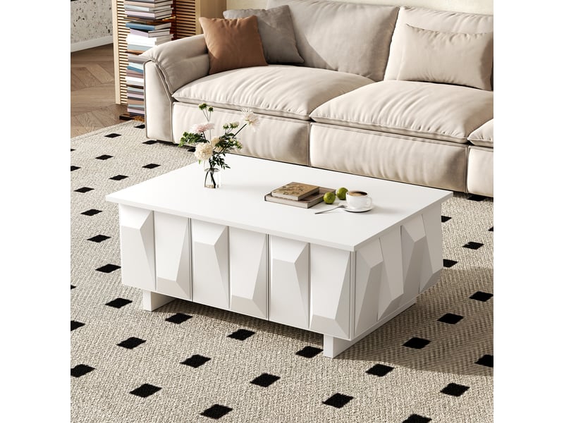  Table basse blanche avec rangement, façades géométriques en relief, 95 x 67 x 39,5 cm  - Conforama D