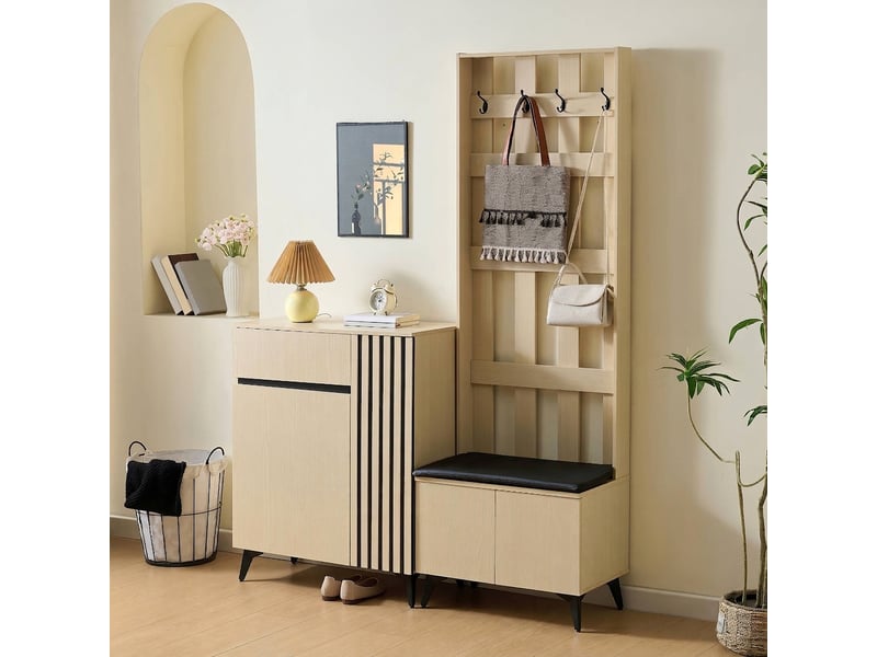 Ensemble vestiaire d'entrée avec banc et meuble à chaussures mdf bois clair - Conforama C