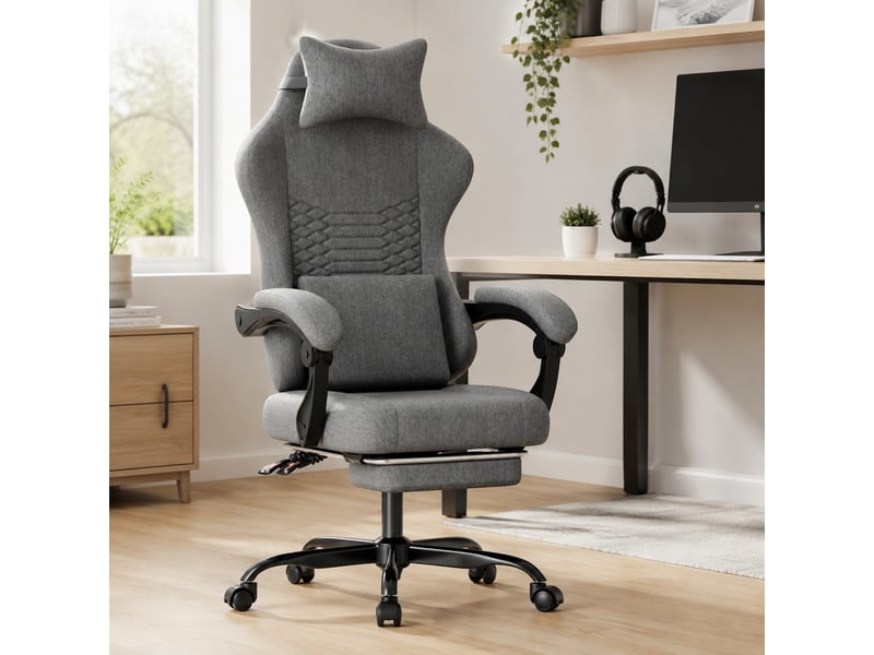  Chaise de bureau gaming ergonomique inclinable avec repose-pieds - lpospi - appuie-tête, tissu - gris foncé  - Conforama C