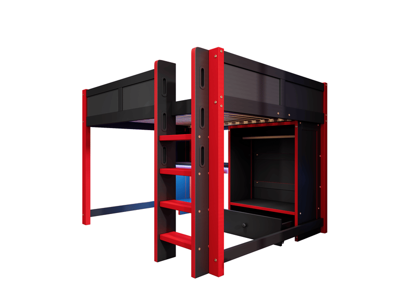  Lit mezzanine gaming noir et rouge 140x200 cm, led, bureau, armoire et tiroirs  - Conforama D