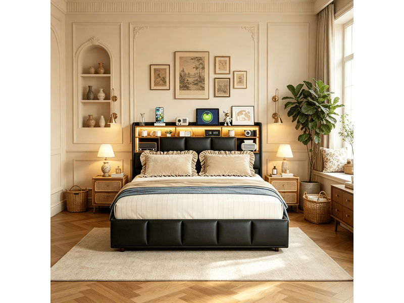  Lit avec rangement 140x190 cm en pu noir - coffre hydraulique, tête de lit avec étagères et usb, éclairage led, sommier à lattes, lit double 2 places  - Conforama C