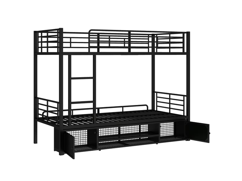  Lit superposé en fer forgé, meuble à chaussures ouvert, petit meuble de rangement à double porte, idéal pour enfants et adolescents, avec échelle latérale et barrière de sécurité, en fer noir, 90 x 200 cm.  - Conforama E