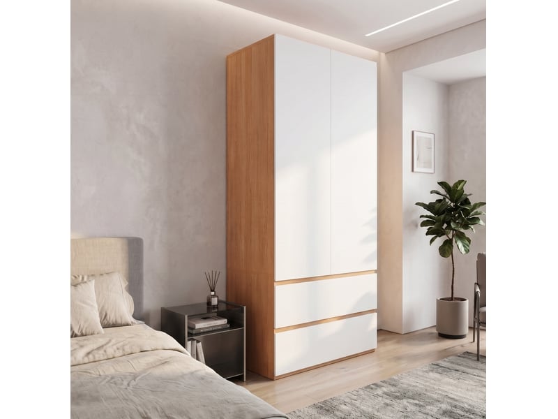  Armoire tcqpz 2 portes 90 x 50 x 200 cm avec penderie 2 tiroirs et rangement supérieur blanc effet chêne  - Conforama B