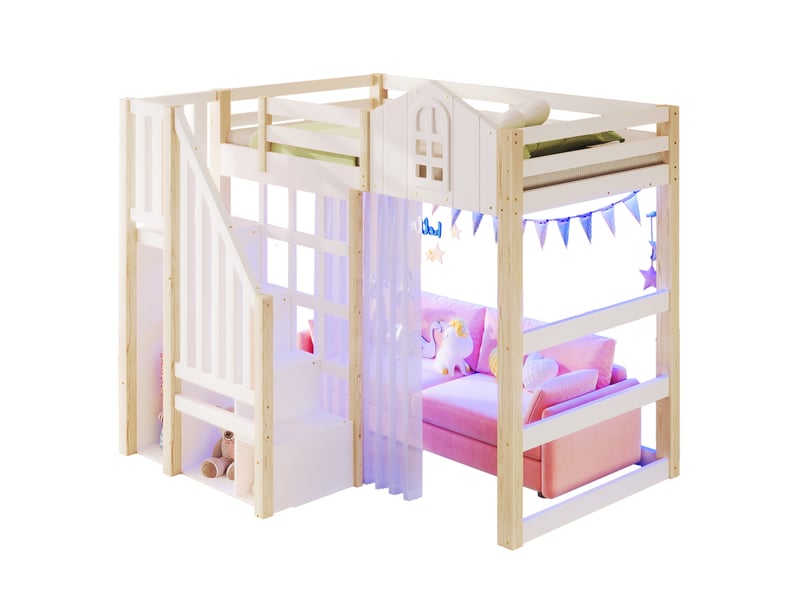  Lit mezzanine 90x200 cm avec led, forme fenêtre, échelle de rangement, bois et mdf, blanc et naturel sans matelas  - Conforama A