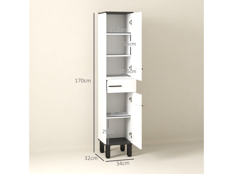  Armoire de salle de bain haute avec tiroir, 2 portes et étagères réglables, stable, 34 x 32 x 170 cm, blanche  - Conforama E
