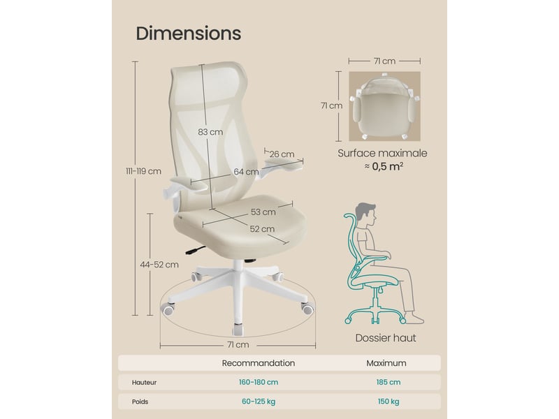  Chaise de bureau ergonomique réglable hauteur 71 x 71 x 119 cm assise confortable style moderne en polyester beige cappuccino 12_0011190  - Conforama B
