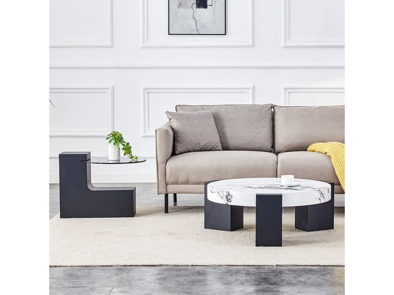  Table d'appoint forme ronde deux niveaux plateau en verre gris transparent cadre mdf noir en l design démontable  - Conforama A