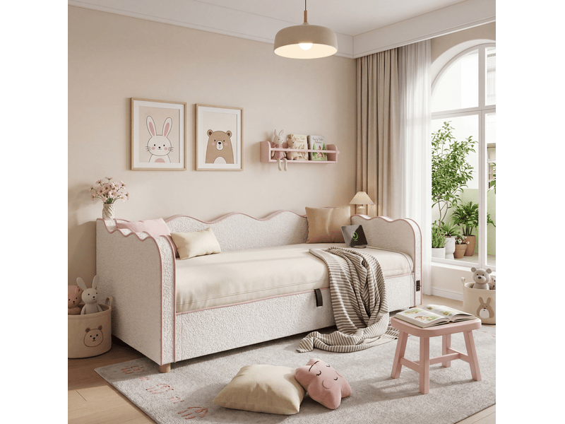  Lit enfant 90x200 cm rangement hydraulique, prise usb et type c en bouclé beige  - Conforama D