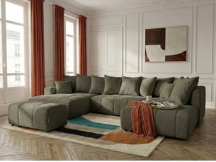 Canapé d'angle gauche convertible <strong>BOBOCHIC</strong> <strong>ROXELANE</strong> 6 places Tissu vert avec coffre de rangement