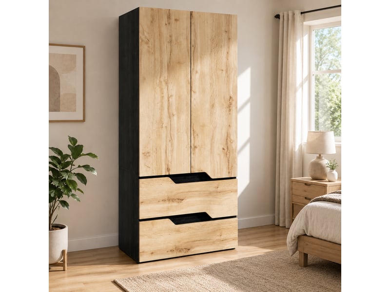  Armoire penderie 90x50x200 cm tiroirs tringles penderie mdf meuble de rangement décor chêne avec accents noirs OPULERANE TRADING LTD - Conforama C