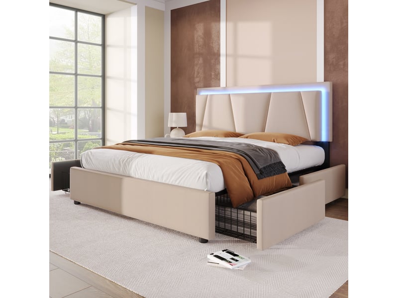  Lit 140x200 cm avec 4 tiroirs de rangement, éclairage led et tête de lit réglable beige  - Conforama E