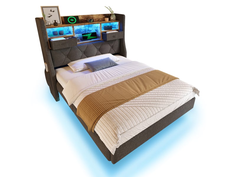  Lit avec rangement 90x200 cm, tête de lit rembourrée gris avec led et ports usb  - Conforama R
