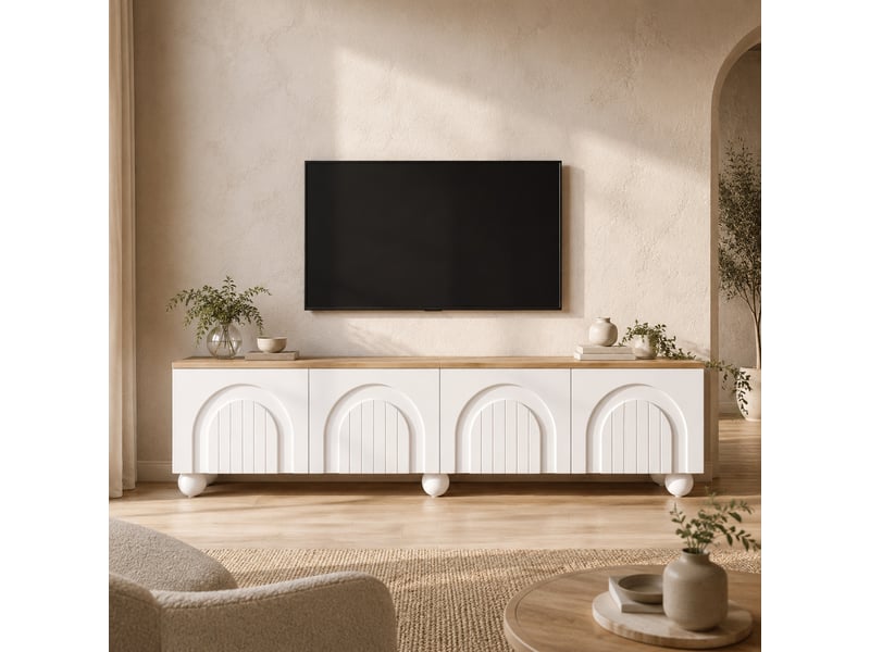  Meuble tv avec 4 portes, rangement et pieds métal pour salon 180×40×45 cm en mdf blanc et chêne  - Conforama B