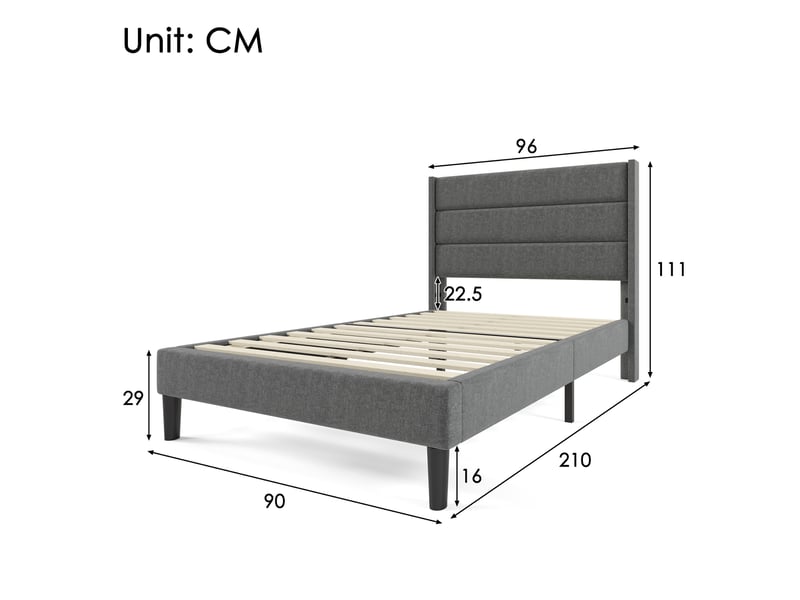  Lit rembourré, lit enfant 90x200 cm, sommier à lattes, lin gris foncé, matelas inclus  - Conforama C