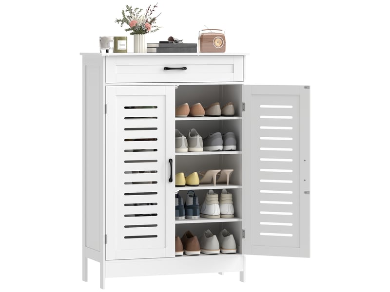  Meuble à chaussures avec portes en filet, tiroir et étagères réglables pour 20 paires de chaussures, 78 x 37 x 115,8 cm, blanc  - Conforama A
