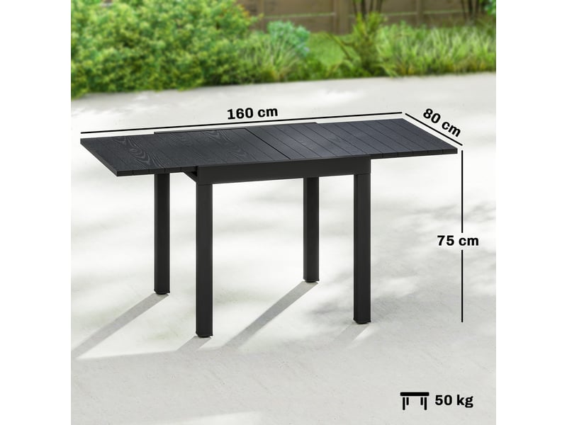  Table de jardin extensible pour 4 à 6 personnes avec plateau à lattes, en aluminium, 80160 x 80 x 75 cm, noire  - Conforama E
