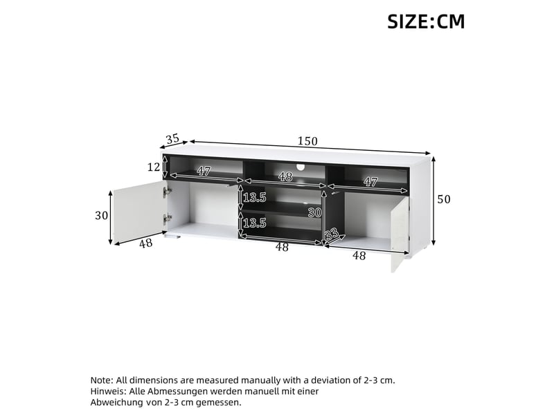  Meuble tv ulevr avec led et rangement, 150 x 35 x 50 cm, panneau de particules blanc et noir  - Conforama C