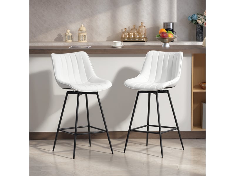  Ensemble de 2 tabourets de bar pivotants à 360°, revêtus de similicuir avec dossier et repose-pieds, blancs  - Conforama C