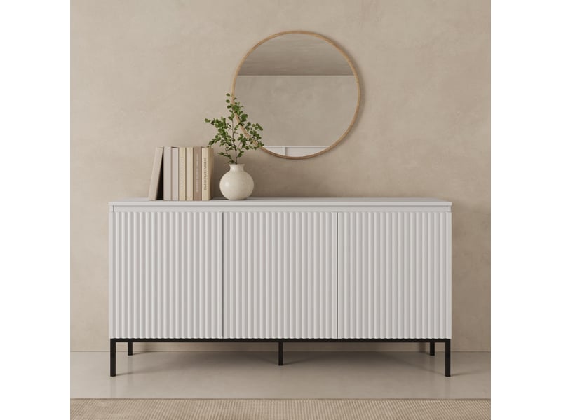  Buffet de salon bas 3 portes cannelé | meuble de rangement à rainures | console d'entrée | 150x35x77cm | modèle logan | couleur blanc Logan - Conforama C