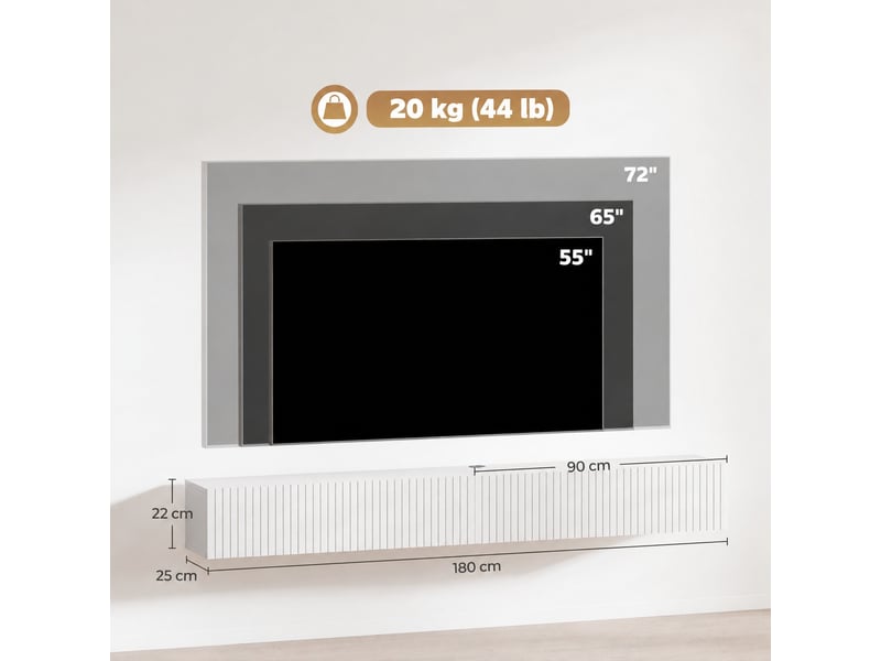  Meuble tv suspendu avec 2 portes abattantes cannelées, pour écran jusqu’à 72 pouces, blanc, 180 x 25 x 22 cm  - Conforama C