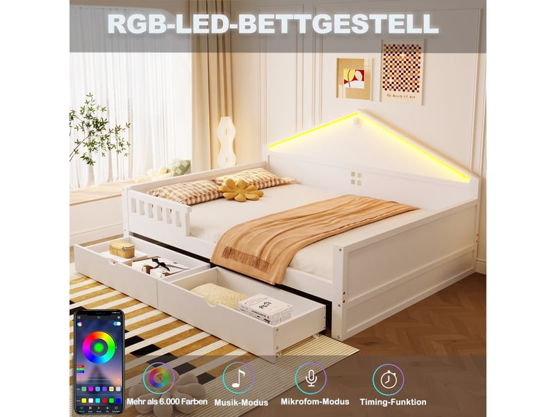 Lit enfant 140x200 cm blanc avec bandeau led contrôlable, 2 tiroirs et sommier à lattes inclus - Conforama D