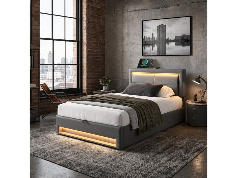  Lit coffre 90x200 cm avec usb, recharge sans fil et led, pu gris  - Conforama D