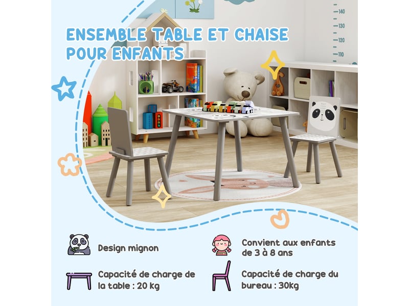  Ensemble table et chaises pour enfants, motif animaux pour chambre à coucher gris, table pour enfant avec 2 chaises  - Conforama W