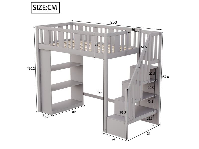  Lit mezzanine enfant 90x200 cm – gris – escalier avec rangement et 3 compartiments latéraux – sans matelas  - Conforama C