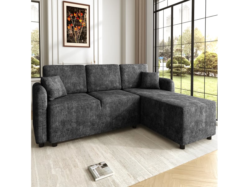  Canapé d'angle 3 places avec méridienne longue, assise en mousse haute densité et 2 coussins en chenille noir  - Conforama B