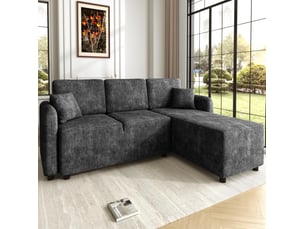 Canapé d'angle 3 places avec méridienne longue, assise en mousse haute densité et 2 coussins en chenille noir