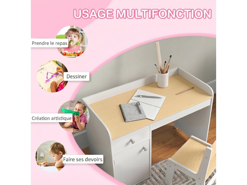  Bureau enfant avec chaise, table enfant avec tiroir, placard et large plateau, 80 x 39 x 59 cm, pour 3 à 6 ans, blanc  - Conforama E