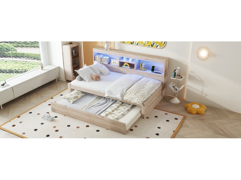 Lit gigogne 90x200 cm naturel avec led, prise usb et rangement - Conforama D