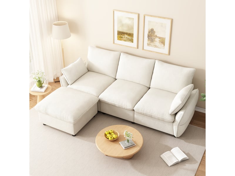  Canapé d’angle avec méridienne, canapé 3 places avec pouf en chenille beige, assise confortable pour salon, appartement ou espace familial  - Conforama E