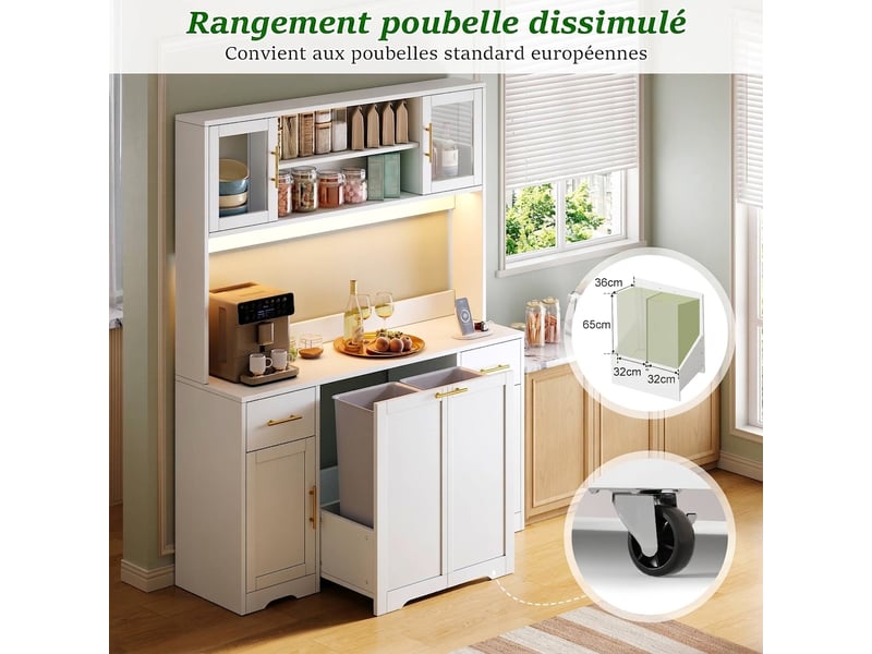  Meuble de cuisine haut blanc avec poubelle coulissante et plan de travail, 140x40x173 cm  - Conforama C