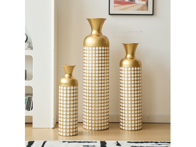 Lot de 3 vases de sol en métal à pois blancs, bronze antique et blanc - Conforama D