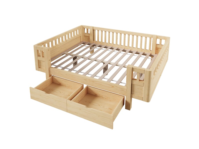 Lit enfant 90 × 200 cm avec barrières de sécurité et 2 tiroirs, sans matelas, en bois massif et mdf, couleur bois  - Conforama E