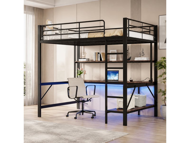  Lit mezzanine enfant 140 x 200 cm noir avec bureau, étagères, led, prise et usb  - Conforama C