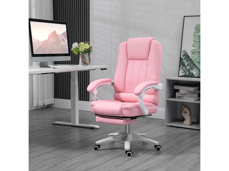  Chaise de bureau avec repose-pieds, dossier réglable, hauteur réglable, 5 roulettes, rose et blanc  - Conforama D