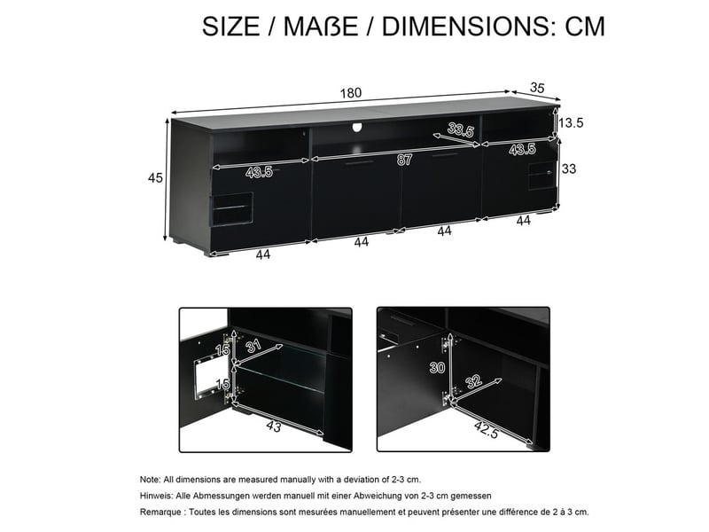  Meuble tv bas, 180 × 35 × 45 cm, noir, avec éclairage led et compartiments ouverts pour le salon  - Conforama C