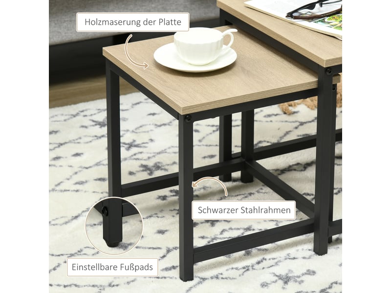  Tables basses gigognes set de 3 avec plateaux effet bois et pieds réglables pour salon structure en acier noir  - Conforama E