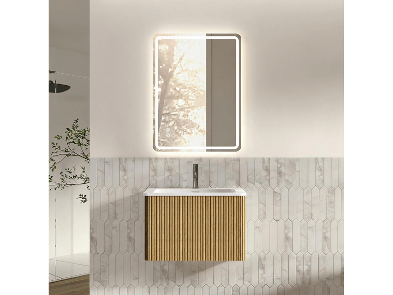 Meuble de salle de bains mural 61 cm avec vasque et miroir led 60 x 80 cm, tiroir strié bois clair pratique - Conforama B