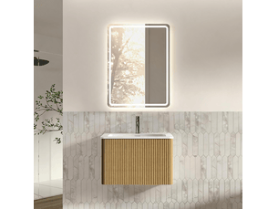Meuble de salle de bains mural 61 cm avec vasque et miroir led 60 x 80 cm, tiroir strié bois clair pratique