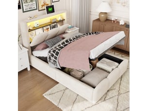 Lit avec rangement 90x200 cm <strong>HAVRYA</strong>  <strong></strong> coloris beige