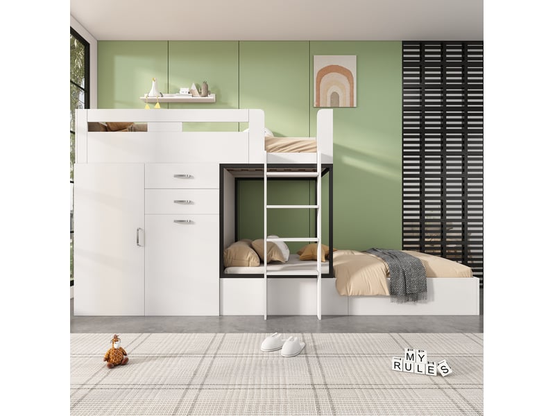  Lit superposé, 90x200 cm, mobilier enfant, avec bureau escamotable, garde robe, matelas non inclus, mdf, coloris blanc  - Conforama E