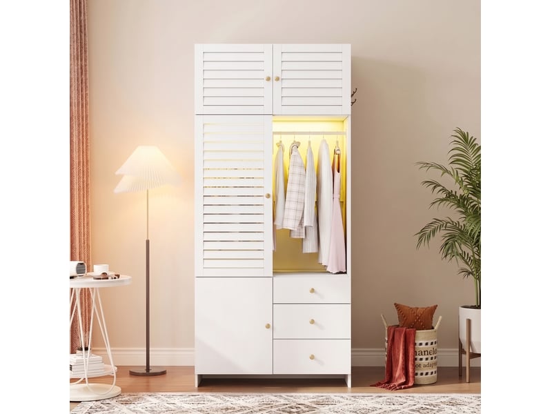  Armoire à portes battantes 90x50x200 cm avec éclairage led, panneau de particules blanc chambre et dressing, rangement  - Conforama D