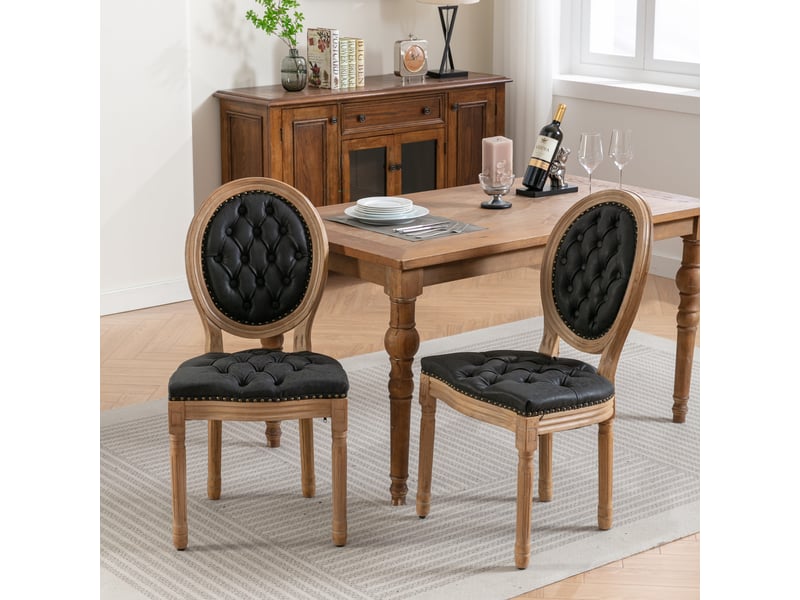  Lot de 2 chaises salle à manger campagne bois massif vieilli dossier ovale capitonné similicuir mouton clous noir  - Conforama B