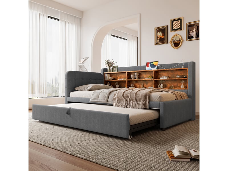  Lit gigogne 90180x200 cm, sommier inclus, usb-c, tissu lin gris, structure mdf, sans matelas  - Conforama R