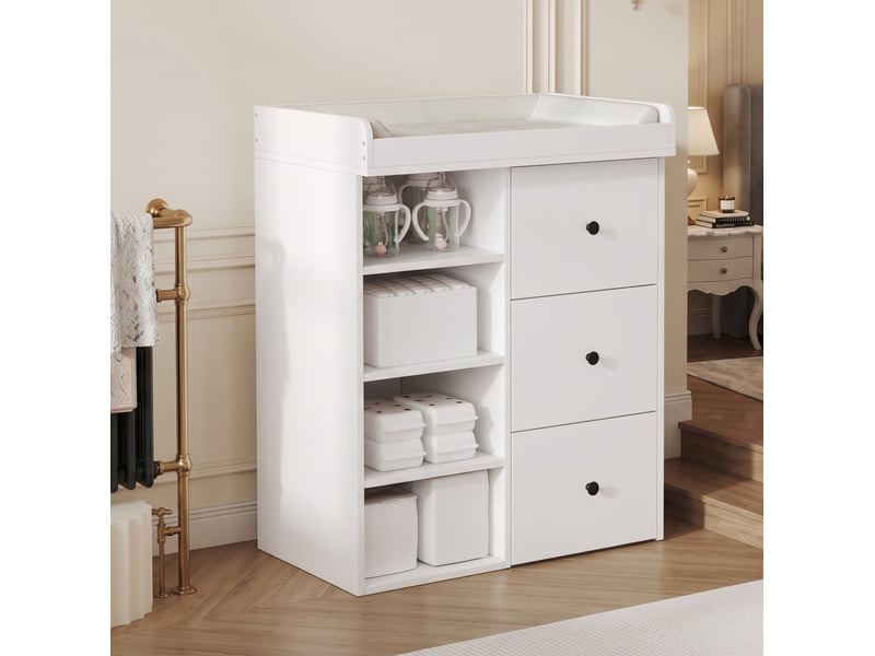 Commode à langer bébé 2-en-1 82x50x100 cm, rangements, barrière amovible, mdf blanc et noir  - Conforama E